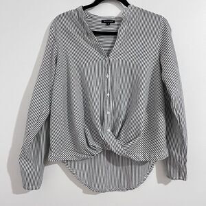 William B Striped White and Black Oversized Blouse Size S Rolled Tab Faux Wrap